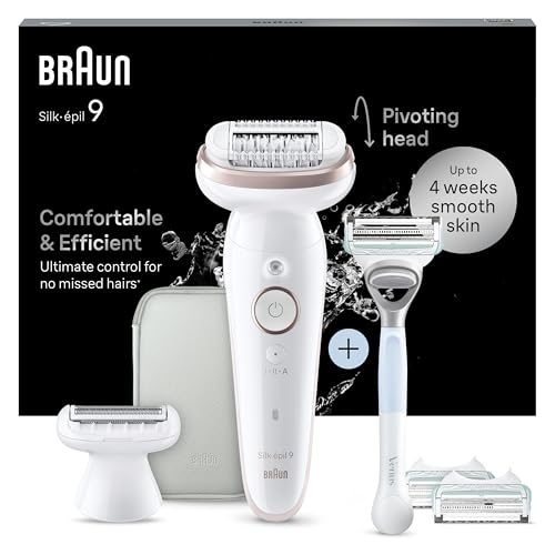 Braun Epilateur Electrique Femme Silk Epil 9, 9-130, Blanc et Rose Quartz – Etanche, sans Fil, Tête Pivotante, Coffret avec Embout de Rasoir, Sabot Tondeuse, Manche et Cartouche Gillette Venus