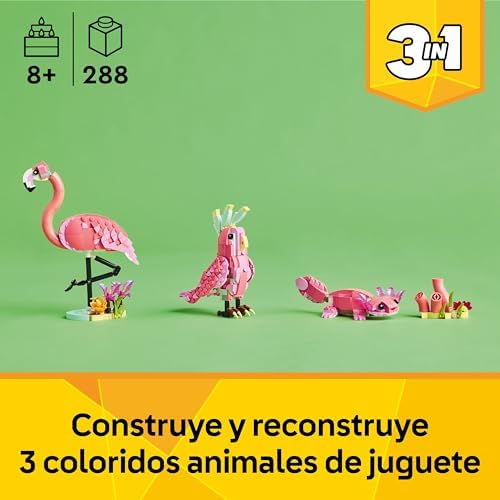 Creator 3 en 1 Fauna Salvaje: Flamenco Rosa de Juguete - Transformable en Cacatúa o Ajolote - Juego con Figuras Articuladas de Animales - Regalo de Cumpleaños para Niñas y Niños de 8+ Años 31170