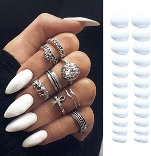 Evazen 24Pcs Different Color Stiletto Shape Sharp False Nails Full Cover Long Claw Nails Acrylic Stiletto False Nails for Women (White)