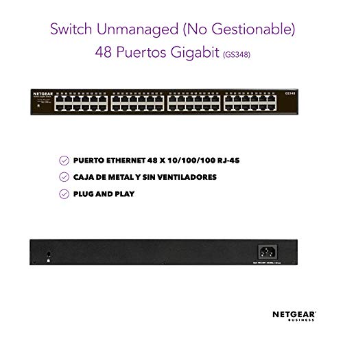 NETGEAR-Switch-Ethernet-de-48-puertos-GS348-Switch-Gigabit-Unmanaged-montaje-sobremesabastidor-carcasa-metalica-sin-ventilador