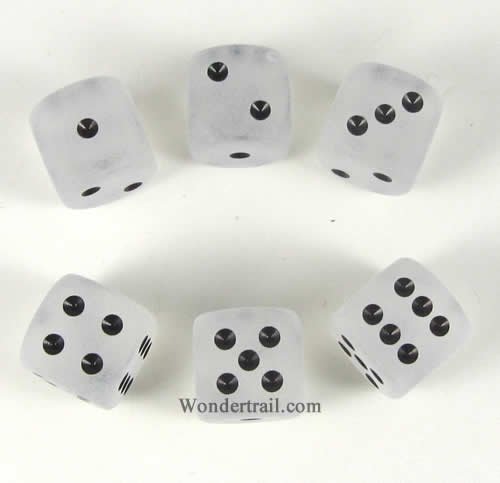 Clear Frosted With Black Pips 16mm D6 Dice Set of 6 Wondertrail WCX27601E6