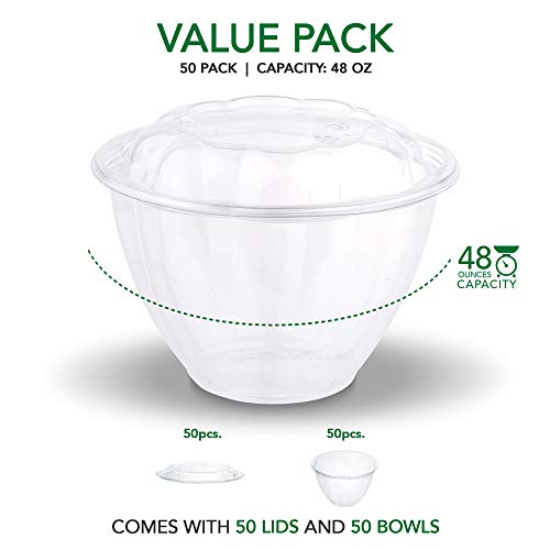 Disposable Salad Bowls with Lids (50 Count) 48 oz. Plastic Salad Bowls