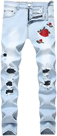 GARMOY Men's Fashion Light Blue Ripped Destroyed Flower Embroidered Skinny Fit Jeans