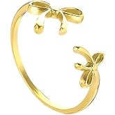 Izpack Double Bow Knot Open Ring for Women Stainless Steel Gold Plated Ribbon Bows Adjustable Stacking Statement Wrap Finger Rings Engagement Wedding Friendship Bands Minimalist Birthday Jewelry
