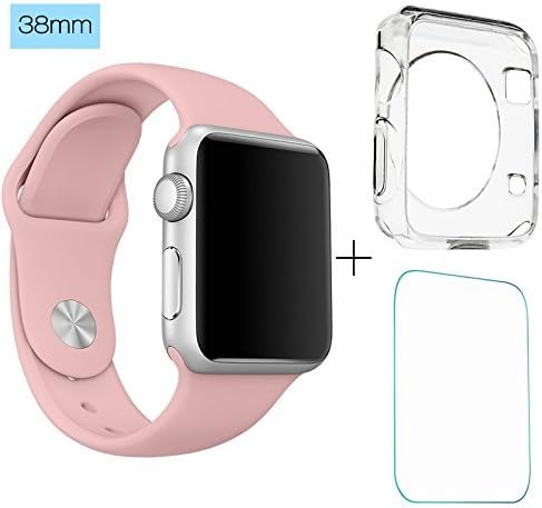 ClockChoice Silicone Watch Band Sport Replacement Kit for 38mm Series 1 &amp; 2 Apple Watch, VINTAGE ROSE, Bonus Case Included, No adapter needed, Includes 3 Pieces, for 2 Lengths, For Women and Men Use