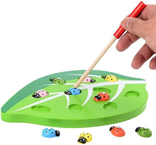 Willcome Wooden Magnetic Catch 10Pcs Ladybug Leaf Shape Game Toys for Kids Children Hand-eye Coordination and Fine Motor Skills