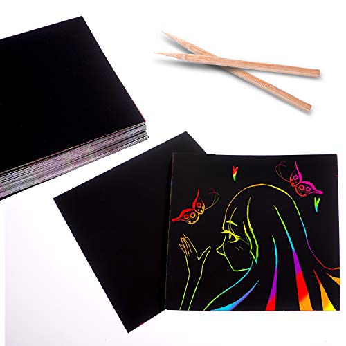 Scratch Mini Art Notes, Scratch Off Paper, 4 Wooden Styluses Included, Create Rainbow Scratch