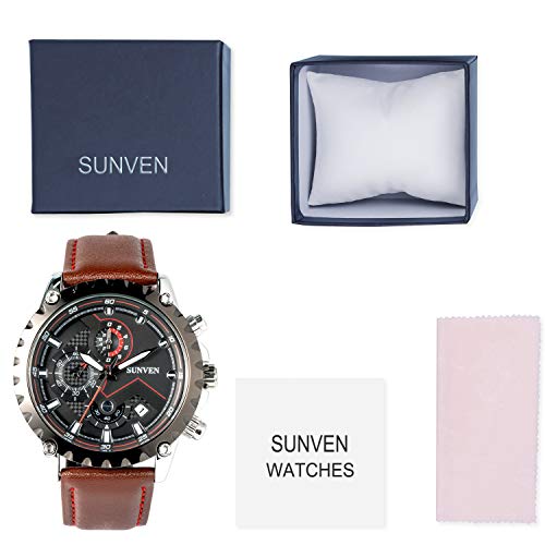 SUNVEN Mans Black Watch Waterproof Sports Quartz Water Resistant 30M with Brown Leather Strap Chronograph and Calendar Military Outdoor Style Fashion Wristwatches for Men