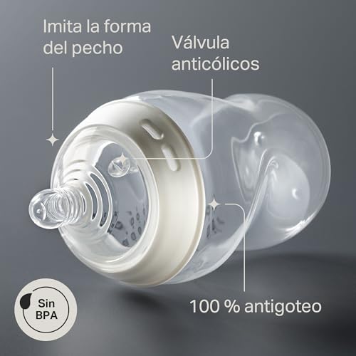 Biberones, biberón anticólicos Natural Start, 260 ml, pack de 2, con tetina de flujo lento tetina anatómica para un agarre natural, válvula anticólicos