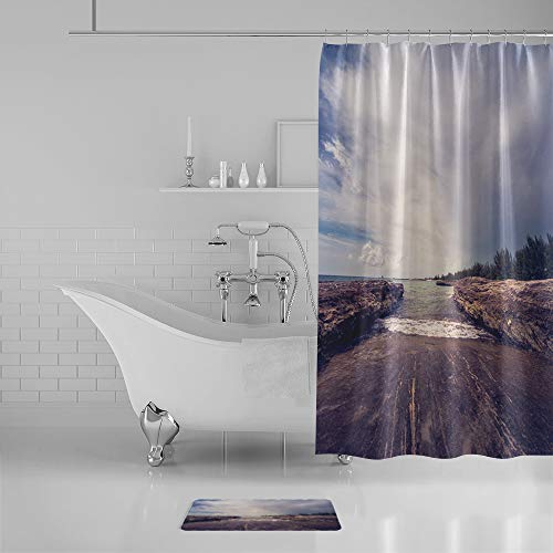 Shower Curtain Set with Bath Rug, Island Forest Lanscape Bathroom Accessories Decor Polyester Fabric Shower Curtains with Hooks 72"x84" and Non-Slip Bath Mat 18"x30"