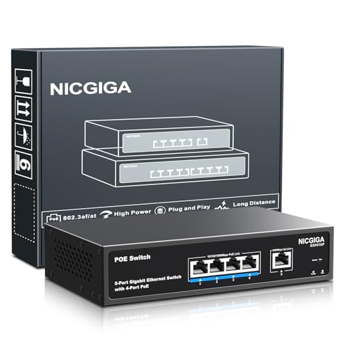 4-Port Gigabit PoE Switch Unmanaged mit 4 Port IEEE802.3af/at PoE @78W, 1 x 1000Mbps Uplink, NICGIGA 5-Port Network Power Over Ethernet Switch, VLAN-M