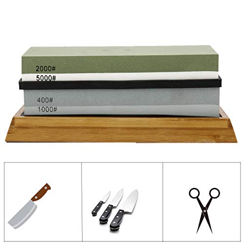 HighFree Premium Knife Sharpening Stone Set 400/1000 2000/5000 Knife Sharpener Waterstone with Non-Slip Bamboo Base Flattening Stone and Angle Guide