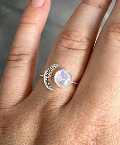Rnydrny Vintage 925 Silver Moonstone Gemstone Ring Birthstone Engagement Opening Ring Adjustable Size Fashion Jewelry