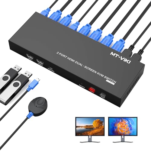 MT-VIKI HDMI KVM Switch 2 Monitors 2 Computers 4K@60Hz, 4 USB 2.0, Dual Monitor KVM Switch HDMI 2 Port Extended Display, EDID, Hotkey Switch, Desktop Controller and USB HDMI Cables Included