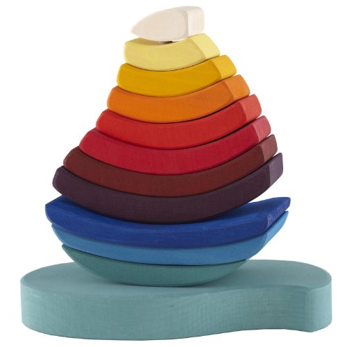 Grimm's Giant "Boat on the Water" Wooden Rainbow Stacking Tower, 11 Blocks