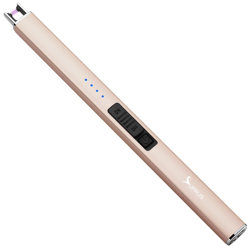 SUPRUS Electric Lighter Arc Windproof Flameless USB Rechargeable Lighter with Safety Lock for Candle BBQ Camping (Bright Gold)