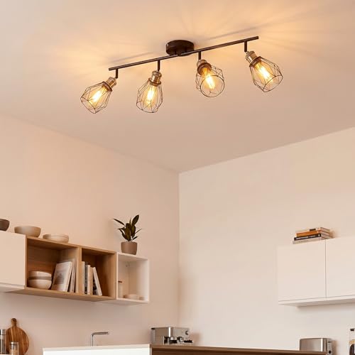 ANWIO Ceiling Lamp with 4 Bulbs, E27 Rotating Interior LED Spotlights, Black Ceiling Lamps, Wall Spotlight for Indoor Lighting for Bedroom, Hallway, Kitchen (No Bulb)
