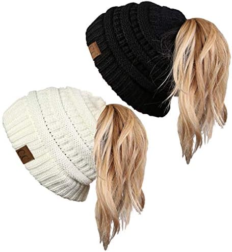 Funky Junque Ponytail Messy Bun BeanieTail Women's Beanie Solid Ribbed Hat Cap