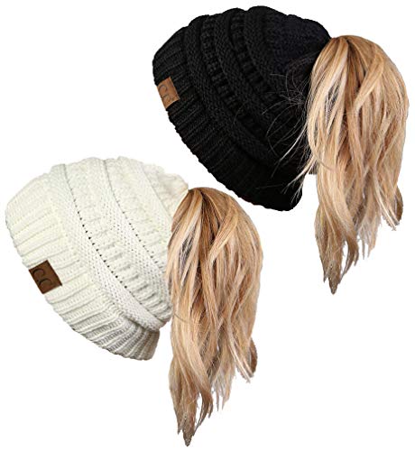 Funky Junque Ponytail Messy Bun BeanieTail Women's Beanie Solid Ribbed Hat Cap