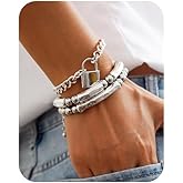 3Pcs Silver Stacked Beaded Bracelets Set Trendy Stretch Elastic Round Beaded Ball Tube Chunky Link Bracelets Layered OT Clasp Cuban Chain Bracelets Dainty Jewelry for Women