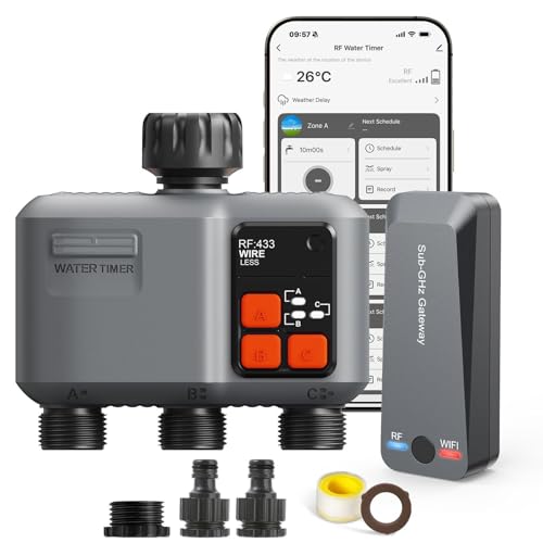 johgee Smart WiFi Water Timer 3 zone for Irrigation with 984 Feet RF Gateway, 3 Outlet Remote Control Sprinkler Hose Timer for Garden Hose, Rain Delay,WiFi Irrigation Sprinkler Controller for Garden