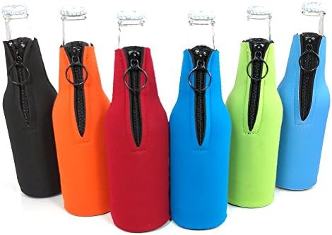 Beer Bottle Insulators, 3mm Neoprene Zipper Drink Coolies, 6 Pack of Assorted Colors