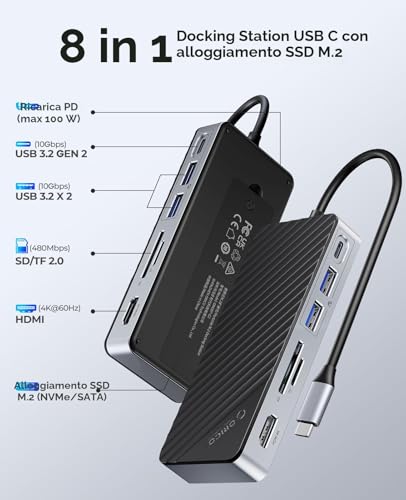ORICO 8-in-1 USB C Docking Station with M.2 SSD Case, USB C Hub for M.2 NVMe/SATA SSDs, 10Gbps, 4K@60Hz HDMI, 100W PD, SD/TF Card Reader, Cable Length 15cm - OM28P