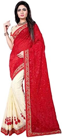 Women's Georgette Red Aari Embroidery Saree by Fashions World