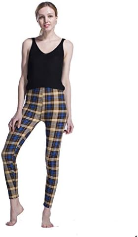 Desility 2018 Spring Summer Lady Women Vintage Pants Plaid Printed Brushed Slim Fitness Leggings Regular Size (S - XL) Yellow Plaid