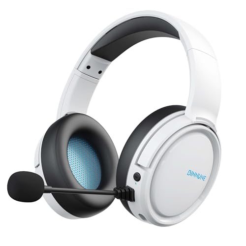 BINNUNE Wireless Gaming Headset, 2.4GHz Gaming Headphones for PS4, PS5, PC, NS, 5.2 Bluetooth Headphones with 40Hr Battery, Noise Canceling Microphone, 3.5mm Wired Mode for Xbox Series - White