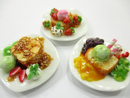Dolls House Miniature Food 3 Honey Toast Fruit Topping Dessert Sweet Plate 14143