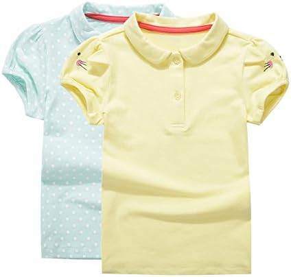 UNACOO Toddler Girls Pure Cotton Short Sleeves Polo Shirt with Picot Collar (6/7T, Green+Yellow)