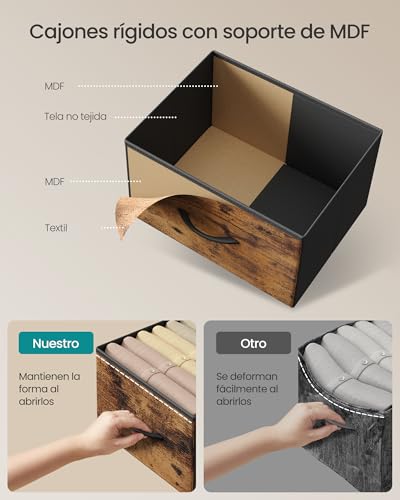 SONGMICS Cómoda, 10 Cajones de Tela, Acero, MDF, Tela no Tejida, para Dormitorio, Armario, Pasillo, Salón, Marrón Rústico y Negro Tinta MLGS125BH04