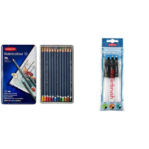 Derwent Watercolour Pencils Tin (Set of 12) with Derwent Waterbrush Multi-Pack (Pack of 3)