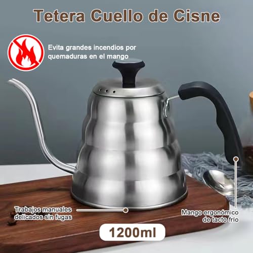 Hervidor de Agua con Termómetro 1.2L, Café Tetera de Cuello de Cisne Acero Inoxidable para Verter sobre Café, Mango Antioxidante, Cafe Goteo a Mano, Prensa Francesa Hervidor de Té para Estufa Cafetera