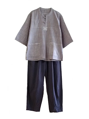 Altair Men Women Slub Cotton 100% Shirt Pants Set Buddhist Zen Meditation Clothing, Temple Clothing (Gray, L)