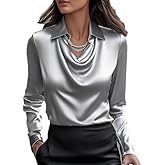 Women's Elegant Solid Satin Cowl Neck Blouse Long Sleeves Casual Business Dressy Shirts Office Work Ladies Top