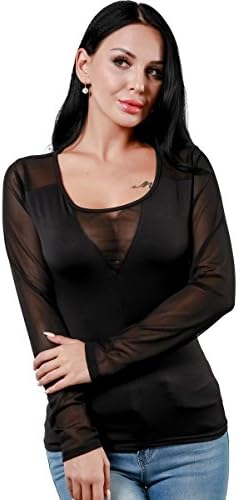 Novolido Women Sexy Blouse Tops Ladies O Neck Long Sleeve Mesh Splice Blusas Casual Solid Slim See Through Shirts (XXL, Black)