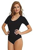 NBB Women Basic Solid Short Sleeve Scoop Neck Cotton Hipster Bodysuit Lingerie, Size Medium