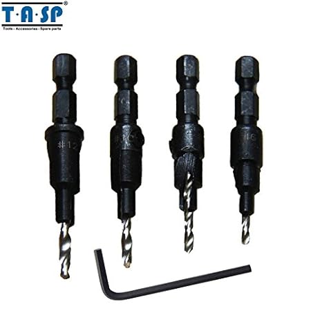 Generic TASP 4 Pieces #6, 8, 10, 12 Countersink Drill Bits Set for Wood with 1/4" Hex Shank Power Tools Accessories