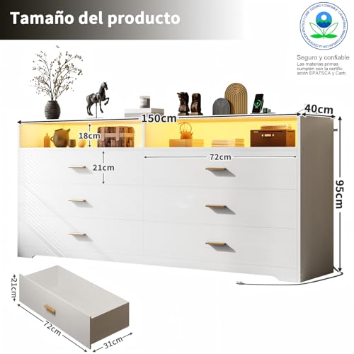 Simple Wisdom Cajonera para Recamara,Comoda Cajonera para Recamara con Toma de Corriente y Luz Led,Cajoneras de Madera,con 6 Cajones de Madera de Almacenaje y 2 Estantes Abiertos,Cajoneras.(Blanco)