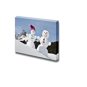 Canvas Prints Wall Art - Two Happy Snowmen on a Snowy Day in December | Modern Wall Decor/Home Decoration Stretched Gallery Canvas Wrap Giclee Print. Ready to Hang - 12" x 18"
