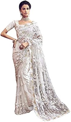 Ethnic Emporium Women S Classy White Flower Embellishment Net