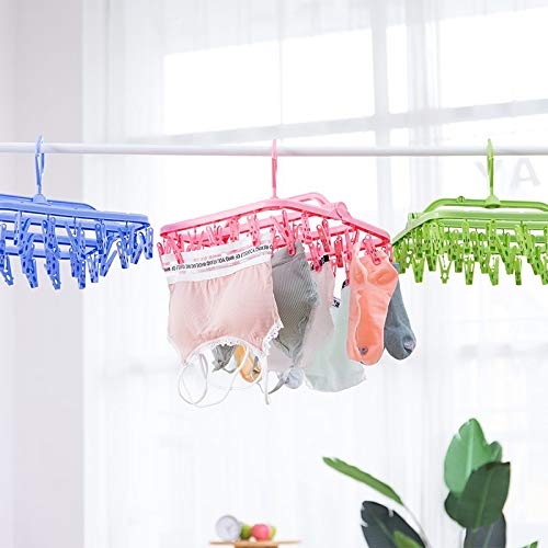 HAPY SHOP Foldable Laundry Hanger Drying Rack,Plastic Laundry Clip with 32 Clips,Clip Hanger Drip Drying Hanger Underwear Hanger with Clips for Socks, Bras, Lingerie, Clothes,Towel,Scarf,Blue - Thumbnail 6