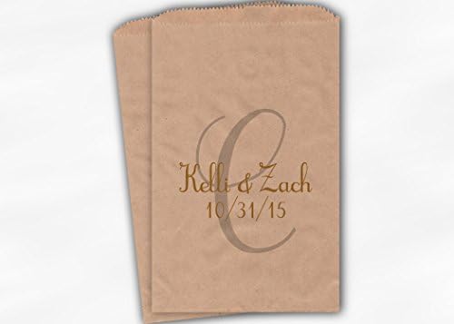 Monogrammed Wedding Favor Bags with Names Overlay for Candy Buffet in Matte Gold and Silver - Personalized Set of 25 Kraft Paper Bags (0157)