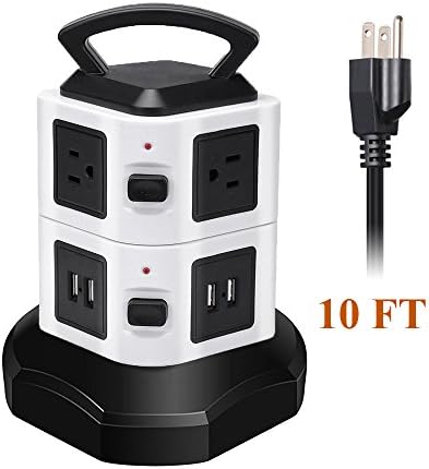 OMAGAX 6 AC Outlet Electric Vertical Power Strip Tower Surge Protector with 4 USB Multiple Charging Ports Station 10 Feet Long Extension Cord Overload Protection Power Socket Plug for Home Office PC