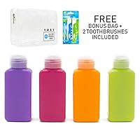 Lingito Travel Bottles Set (4 Pcs) Multi-Color Pack | Portable & 100% Leak Proof Refillable Toiletry Containers | Squeezable Tubes for Shampoo & Conditioner| Toothbrush Pack + Clear Toiletry Bag