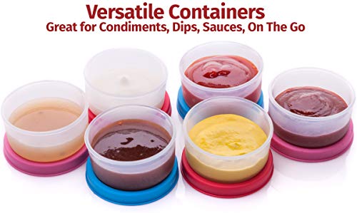 Condiment Cups Containers with Lids- Salad Dressing Container to go Small Food Storage Containers with Lids- Sauce Cups Leak proof Reusable Plastic BPA free 6 pk. 1.3 oz. for Lunch Box Picnic Travel