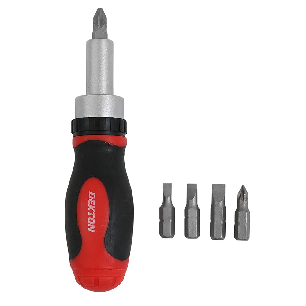 Dekton Ratchet Screwdriver Set-Screwdriver with 3 Way Ratchet | Bit Storage in Handle | Ergonomic Anti Slip Handle | Ultra Strong Cr-v | 5 Bits: 25mm Flat 4mm, 5mm, 6mm,25mm| Pozi: Pz1, Pz2| Durable