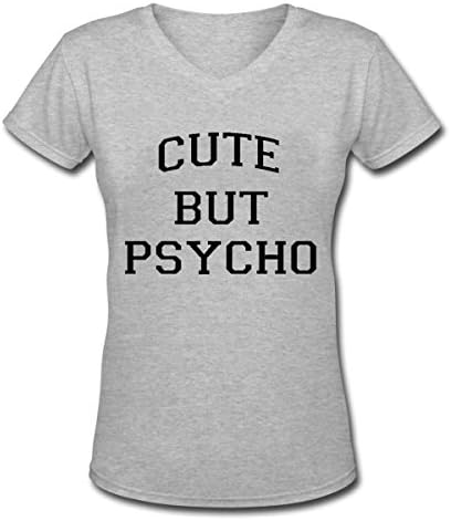 CUTE BUT PSYCHO Women's Short Sleeve Cotton V-Neck T-Shirt Grey